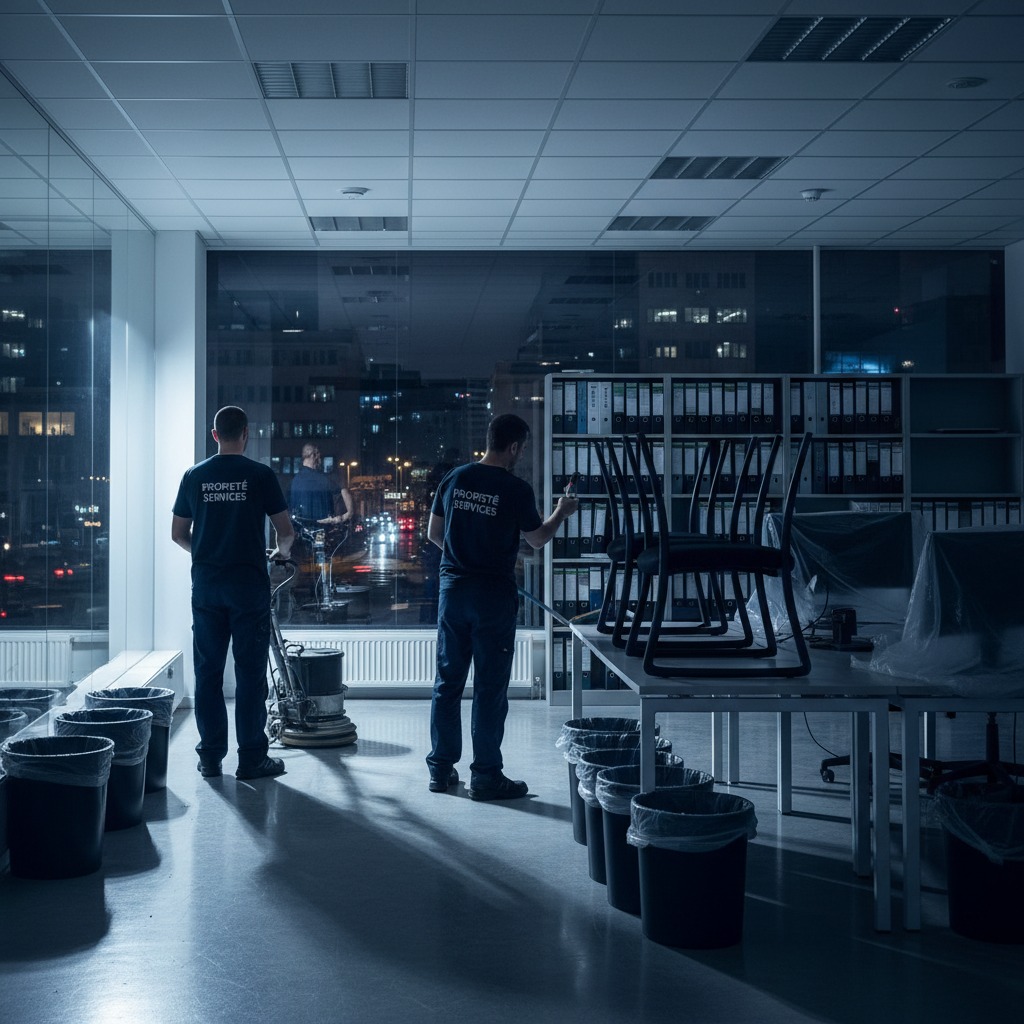Deux agents d'entretien en uniforme et portant l'inscription « propreté services » nettoient un grand bureau vitré la nuit.