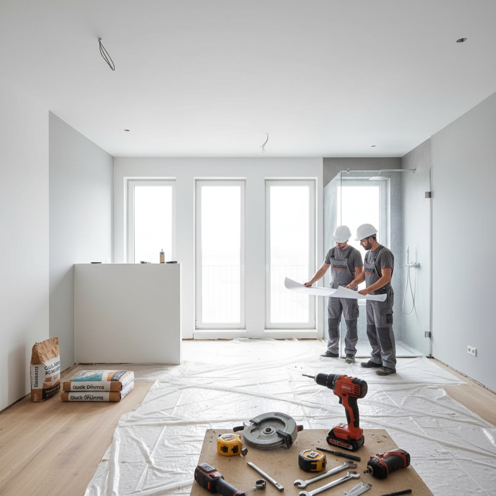 Deux ouvriers en gilet de travail et casque de chantier examinent un plan dans une pièce en rénovation, avec des outils posés au premier plan sur une bâche de protection.